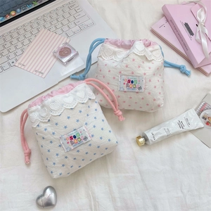 Cute drawstring storage bags with star prints and lace trim for cosmetics and travel items