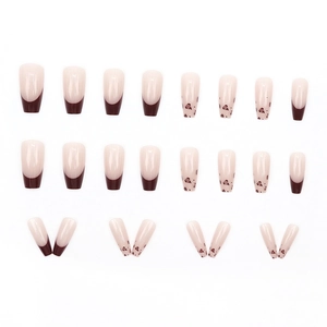 Long coffin-style press-on nails featuring French leopard print in elegant nude and brown