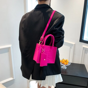 Pink crocodile pattern square handbag for women with small matching coin purse