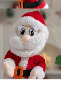 Close-up of plush Santa Claus doll with red velvet fabric and white faux fur details