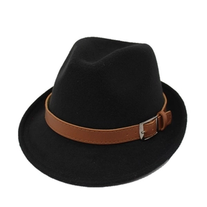 Classic black wool fedora hat with a brown leather strap and silver buckle detail