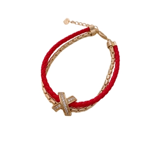 Double-layer leather cord and gold chain bracelet with zircon X pendant for women