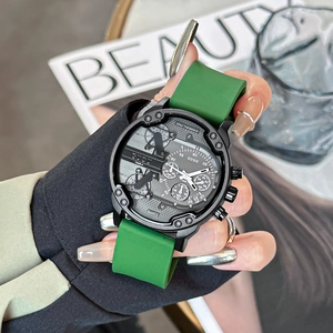 Unisex multi-timezone quartz watch with green silicone strap and black multi-dial face