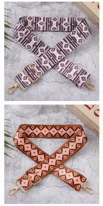 Detail of adjustable bohemian fabric bag straps with golden metal swivel hooks