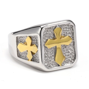 Retro stainless steel ring with a golden cross and unique hammered texture finish