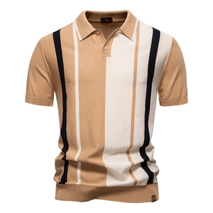 Close-up of khaki and navy vertical striped knit texture and collar label of polo shirt
