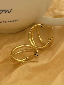 Macro view of French style S925 sterling silver triple-layer C-shaped gold hoop earrings