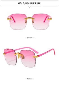 Detail of rimless square sunglasses with gold frame and pink gradient wavy lenses