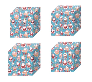 Detailed pattern view of funny Santa Claus gift wrapping paper with blue background