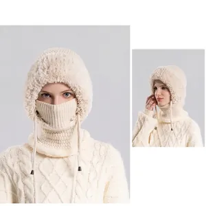 Women's cream white knitted balaclava hood with plush lining and adjustable drawstrings
