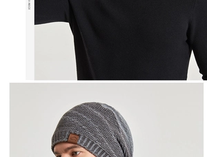 Détail du bonnet en tricot gris avec logo en cuir marron et pull noir assorti