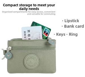 Detailed view of green nylon mini wallet with dual zippers showing card and key storage