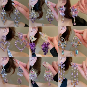 Purple Dangle Earrings With 925 Sterling Silver Earring Post Alloy Rhinestone Luxury Vintage Bow Tassel For Women