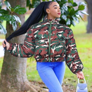Macro view of short camouflage puffer jacket featuring a stand collar and zip closure