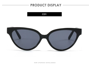 Detail view of classic black cat-eye sunglasses with premium frames and dark lenses