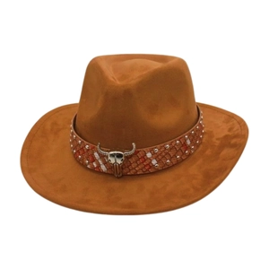 Western Cowboy Hat Vintage Faux Suede With Metal Bull Head Rivet Braided Band Wide Brim Jazz Fedora For Men Women