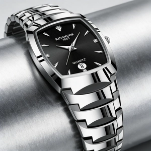Close-up of square black dial quartz watch with silver steel strap and crystal accents