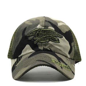 Close-up of tactical camo hat with 3D trident embroidery and Navy Seal side logo
