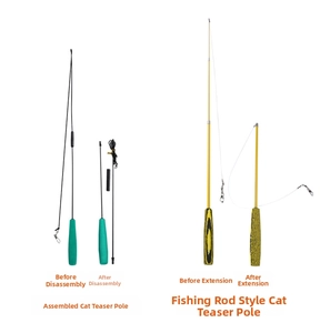 Detail of assembly and retractable pet cat wands with foam handles on white background
