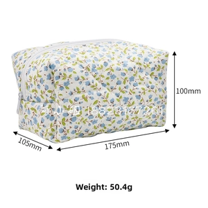 Quilted floral makeup bag detail showing size 175x105x100mm and blue-yellow print