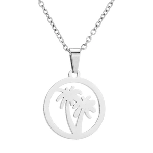 Halskette mit rundem Palmbaum-Anhänger in Silber mit feiner Metallkette im Set