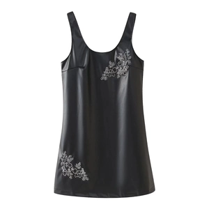 Vintage PU Leather Mini Dress Beaded Floral Pattern Sleeveless U-Neck Retro Tank Dress For Women Loose Fit