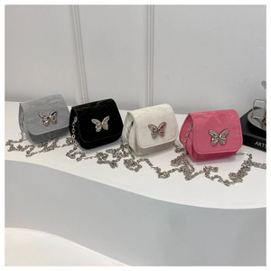 Mini chain crossbody bags in four colors with decorative silver butterfly buckles