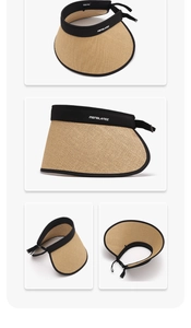 Detailed views of wide brim woven sun hat with adjustable drawstring and logo trim