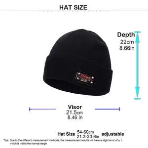 Size chart showing 54-60cm head circumference for the black knit beanie with leather patch
