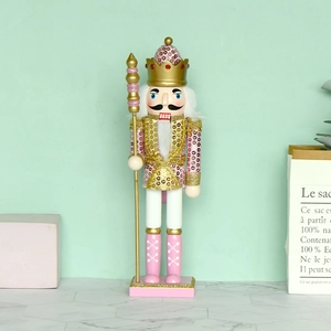 Nutcracker Soldier King Figurine Wooden Pink Gold Sequin Christmas Decor Tabletop Ornament Hand Painted