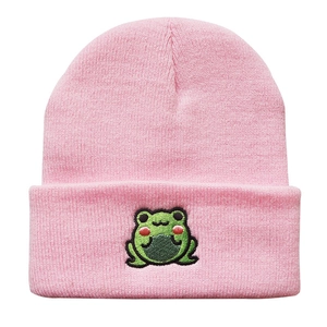 Pink knit beanie for men and women featuring a cute green cartoon frog embroidery patch