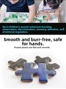 Macro shot of thick cardboard puzzle pieces showing smooth edges and vivid forest print