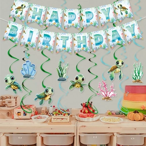Sea turtle theme happy birthday party decoration set with banner and spiral ornaments