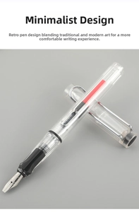 Macro shot of silver metal nib and red piston converter inside the clear fountain pen