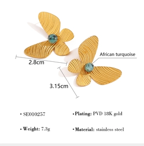 Detailed view of 18K gold plated butterfly earrings with African turquoise and dimensions