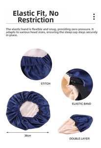 Detail view of double-layered satin bonnet with adjustable elastic band and 36cm diameter