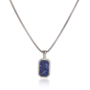 Macro shot of silver box chain necklace with rectangle blue marble stone pendant