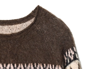 Detail of crewneck collar and dark brown mohair knit texture with jacquard pattern