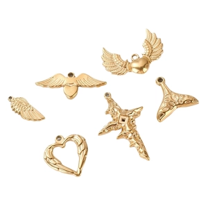 Golden DIY charms set featuring angel wings, hearts, crosses and mermaid tails in metal