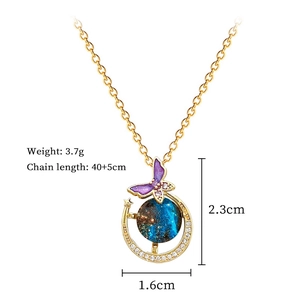 Detailed view of necklace with size specs, purple butterfly and star charms