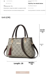 Detailed size specifications and material chart for the gray PU leather top handle bag