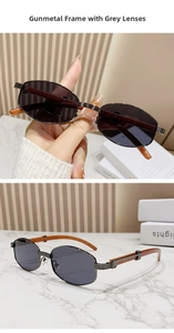 Details der grauen Punk-Sonnenbrille mit Bügeln in Holzoptik und Gläsern