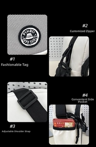 Detail view of the bag showing the brand logo, metal zipper, strap, and side pocket