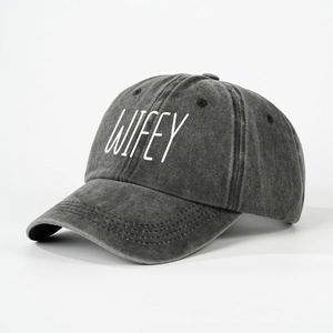 Classic dark grey washed cotton baseball cap with white WIFEY embroidery and curved brim