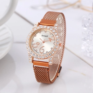 Women Quartz Watch Rhinestone Bezel Milanese Mesh Alloy Strap Magnetic Buckle Elegant Fashion Wristwatch