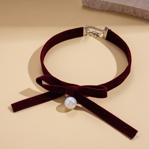 Vintage burgundy velvet choker necklace with pearl bow pendant for women