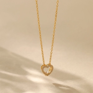 Detailed view of an 18K gold-plated heart pendant necklace with shimmering zircon stones
