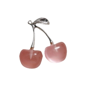Pink translucent resin cherry pendant with silver metal stem for DIY jewelry making