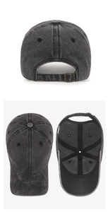 Detail view of washed cotton baseball cap showing metal buckle and inner sweatband