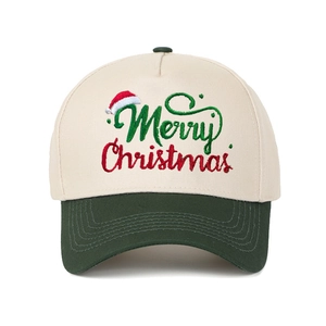 Detailed embroidery of Merry Christmas text and festive hat on beige and green baseball cap
